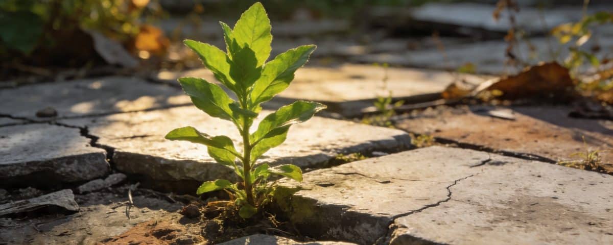 Sous les dalles d'un jardin à l'abandon pousse la seule plante qui mérite vraiment qu'on la garde
