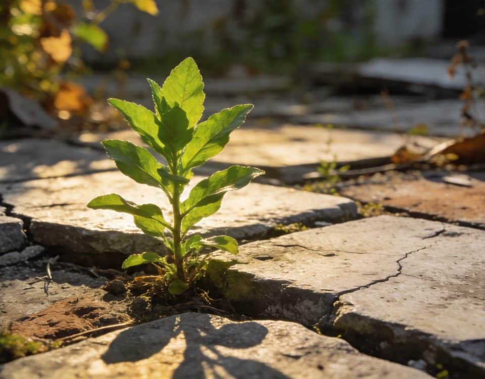 Sous les dalles d'un jardin à l'abandon pousse la seule plante qui mérite vraiment qu'on la garde