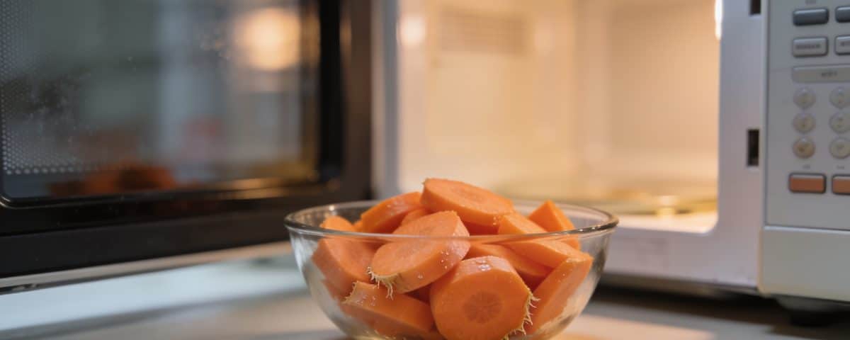 Carottes coupees dans un bol au micro-ondes ouvert.