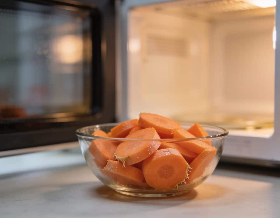 Carottes coupees dans un bol au micro-ondes ouvert.