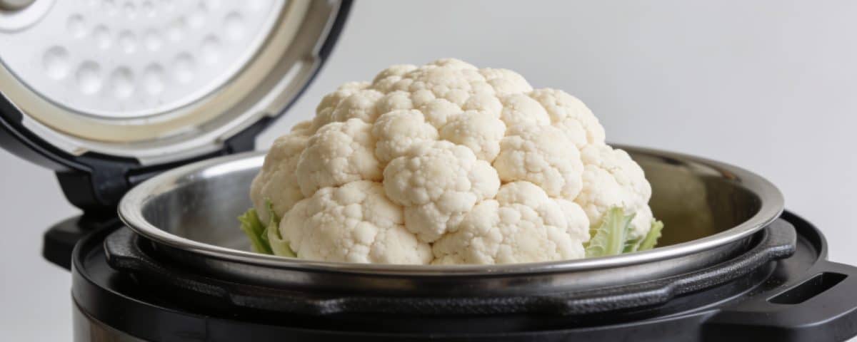 Chou-fleur entier dans cocotte minute ouverte.