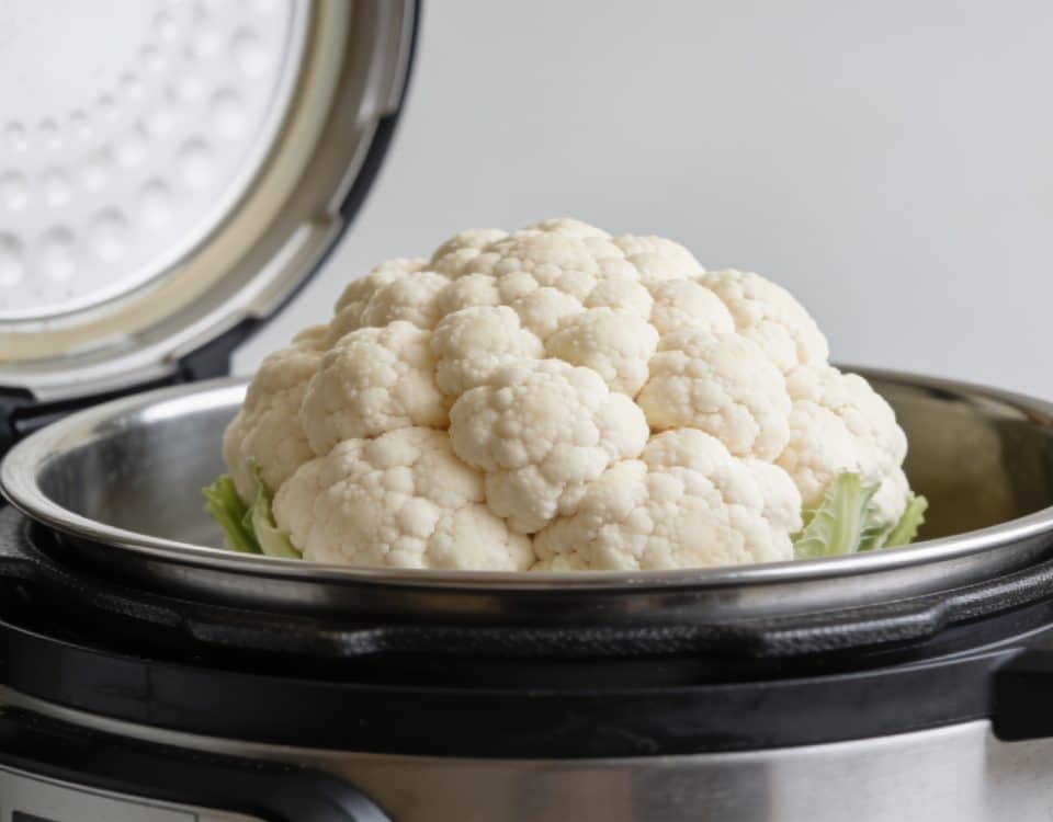 Chou-fleur entier dans cocotte minute ouverte.