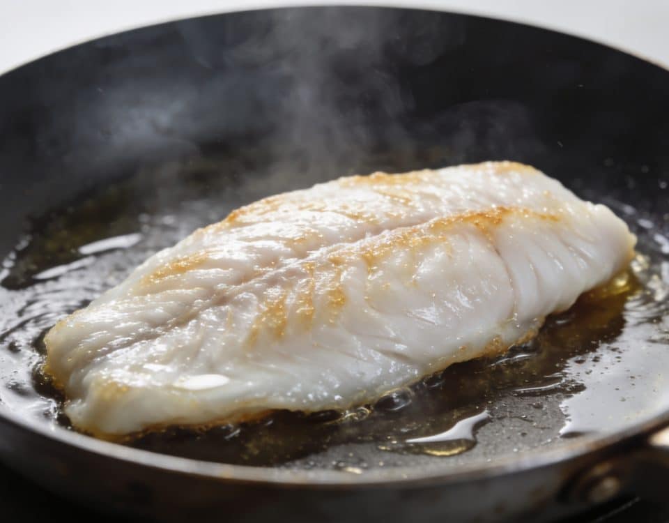Filet de poisson blanc dans poele chauffante