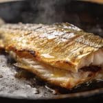 Filet de truite dore dans une poele chaude en fonte.
