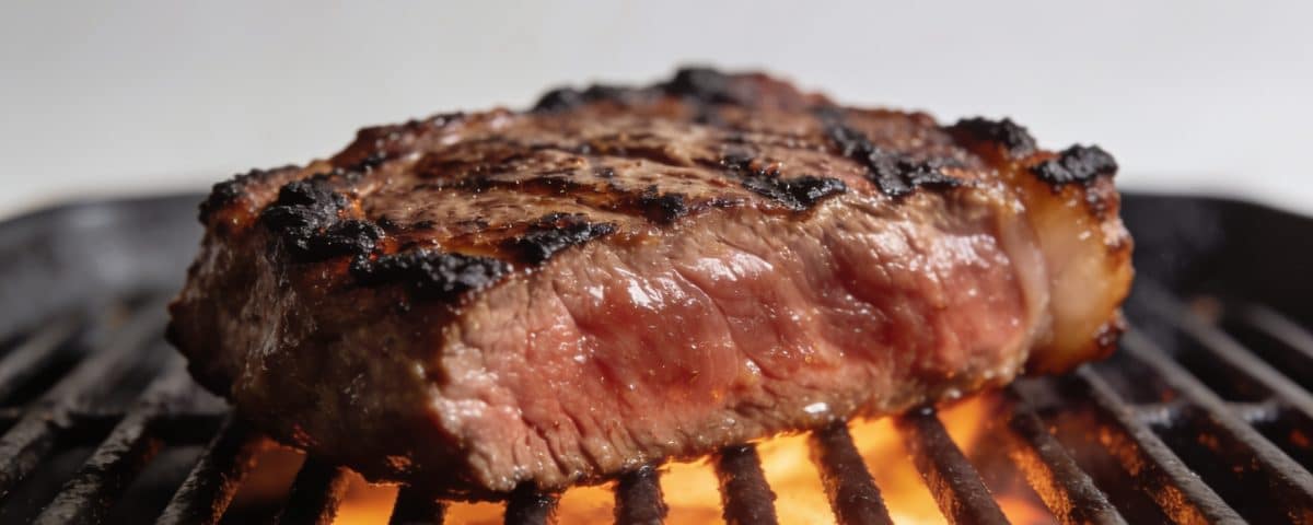 Grosse tranche de viande roussie sur grille incandescente.