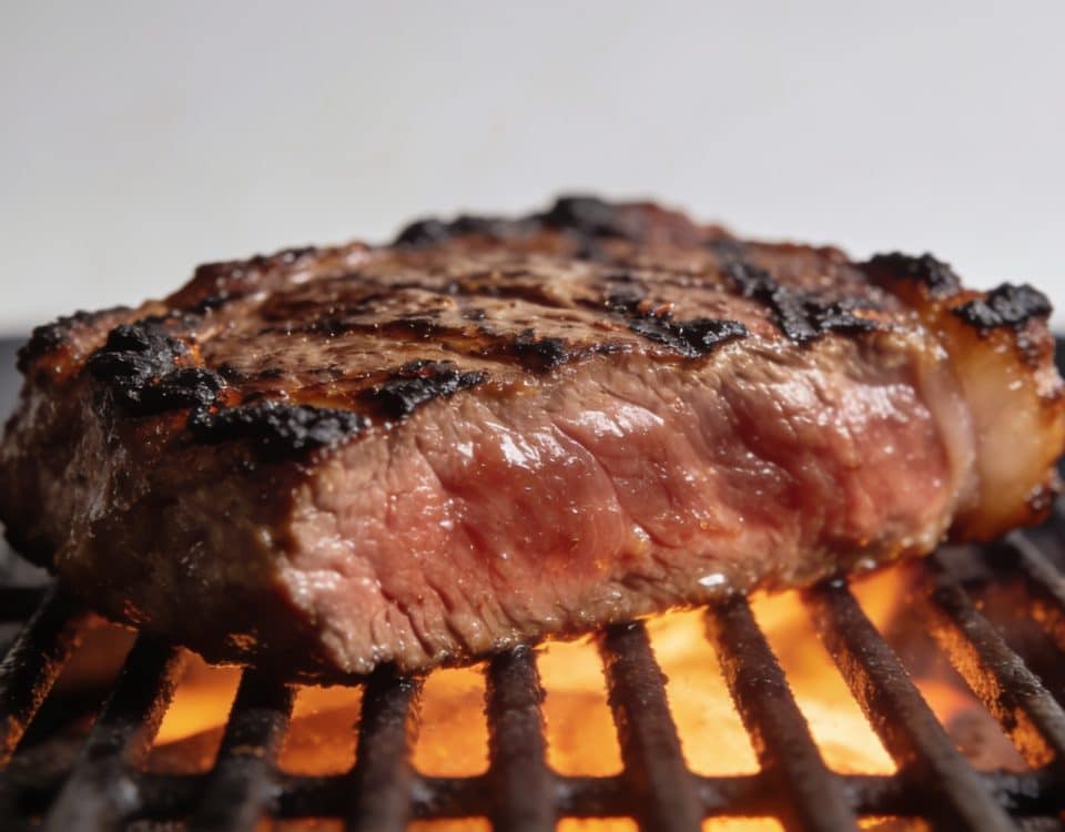 Grosse tranche de viande roussie sur grille incandescente.