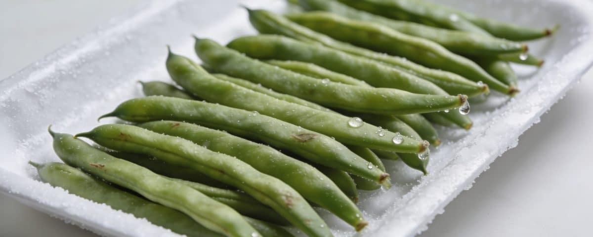 Haricots verts frais alignes sur plateau congelation.