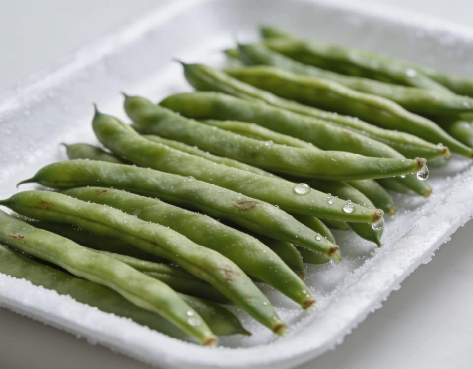 Haricots verts frais alignes sur plateau congelation.