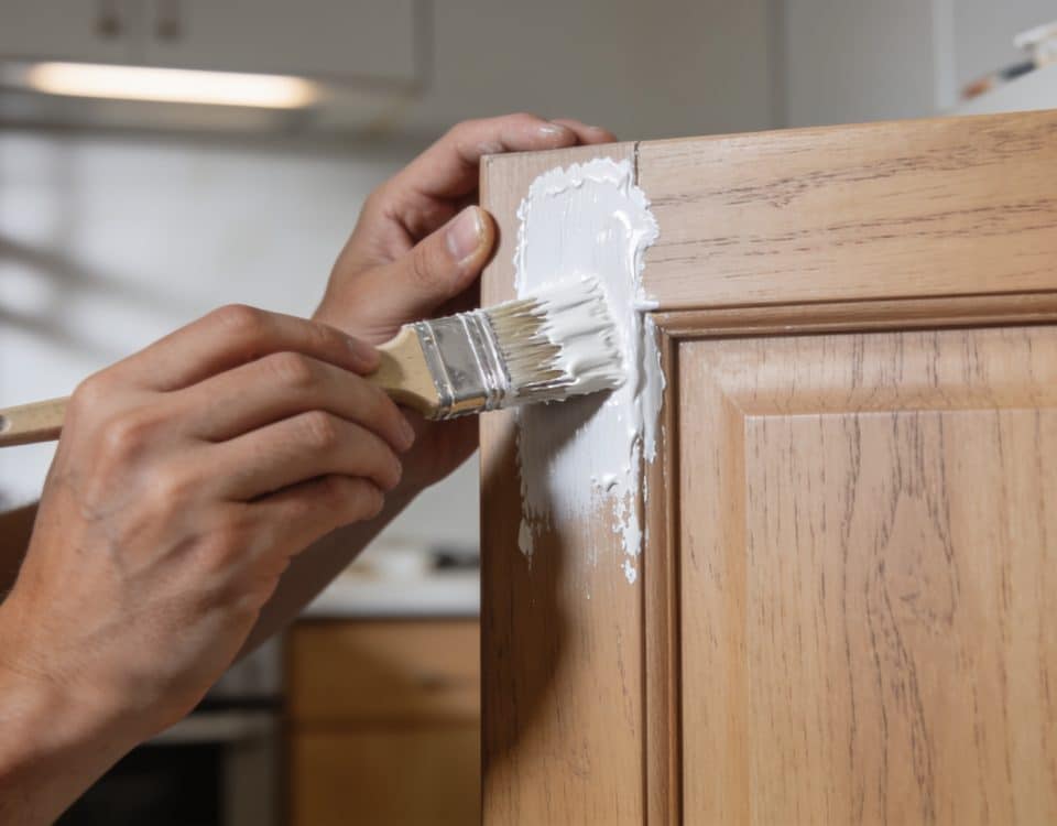 Mains appliquant peinture blanche sur porte cuisine fermee