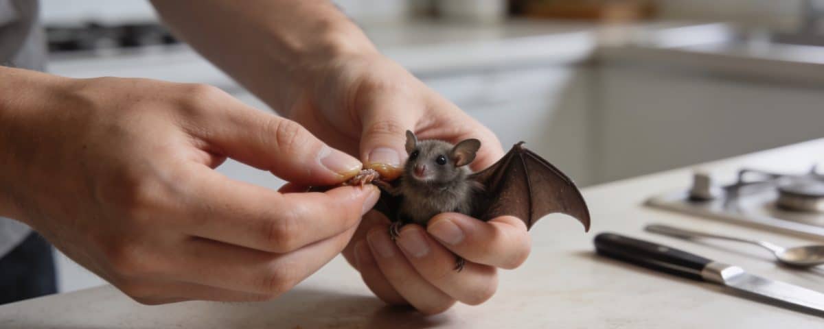 Mains preparant une petite chauve-souris comestible dans cuisine