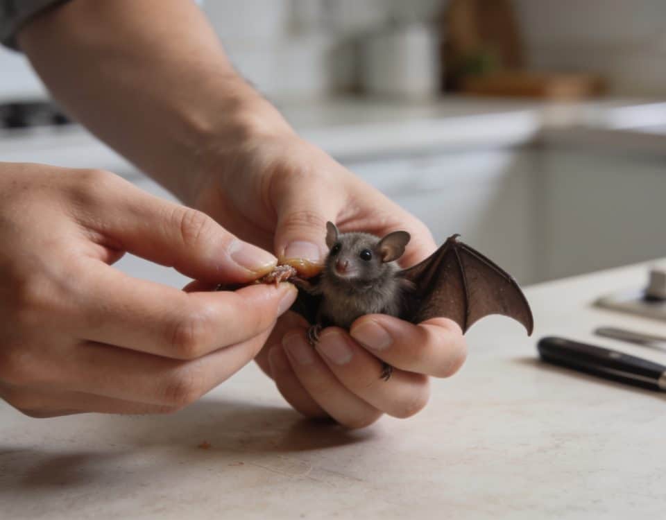 Mains preparant une petite chauve-souris comestible dans cuisine
