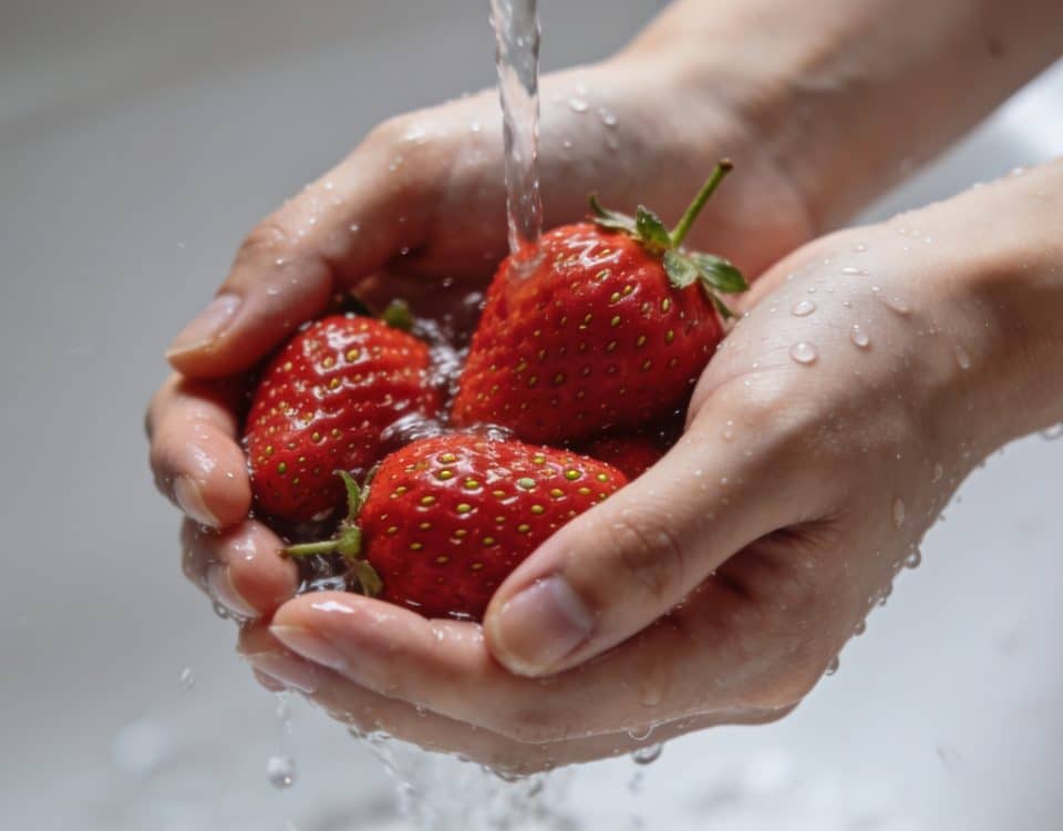 Mains rincant des fraises rouges sous l'eau courante.