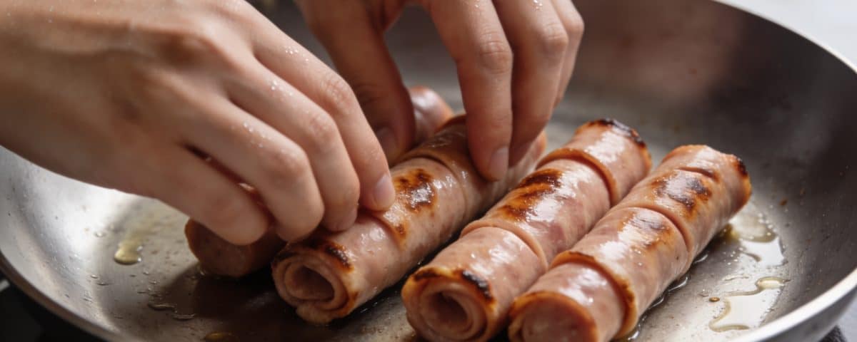 Mains posant des saucisses enroulees dans une poele chaude