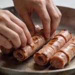 Mains posant des saucisses enroulees dans une poele chaude