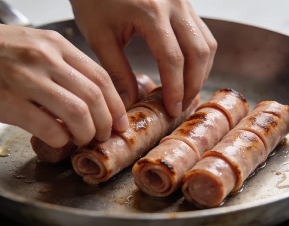 Mains posant des saucisses enroulees dans une poele chaude