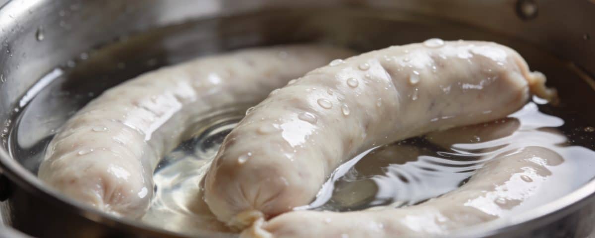 Mains versant du boudin blanc cru dans une casserole d'eau