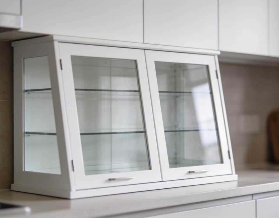 Meuble vitrine blanc avec portes vitrées en cuisine moderne