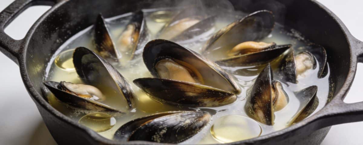 Moules ouvertes cuisant dans casserole avec vin blanc