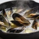 Moules ouvertes cuisant dans casserole avec vin blanc