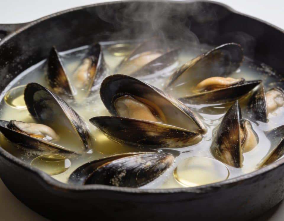 Moules ouvertes cuisant dans casserole avec vin blanc
