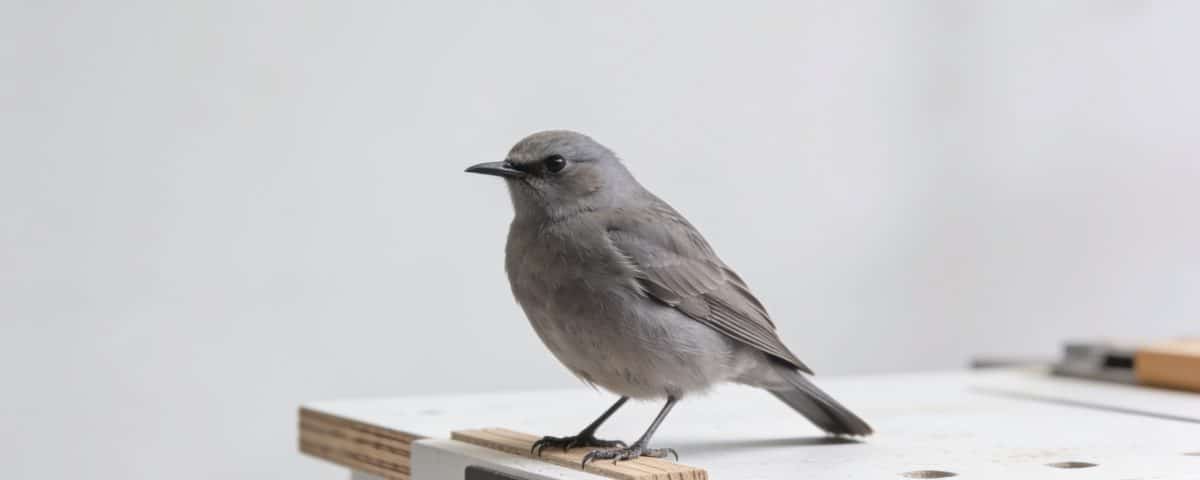 Oiseau gris perche sur un plan de travail blanc