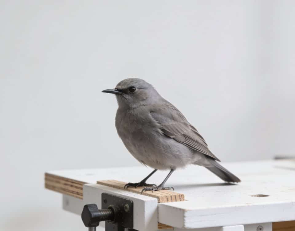 Oiseau gris perche sur un plan de travail blanc