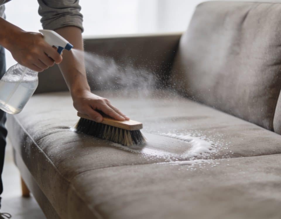 Personne frottant housse canape avec brosse et spray nettoyant.
