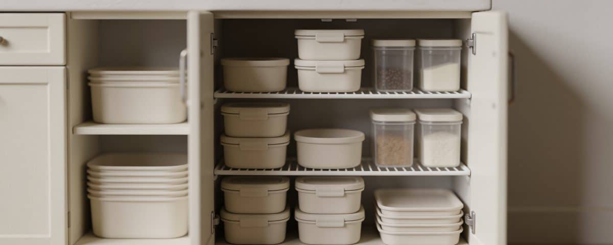 Petite cuisine avec placards ouverts, etageres organisees, contenants empiles.