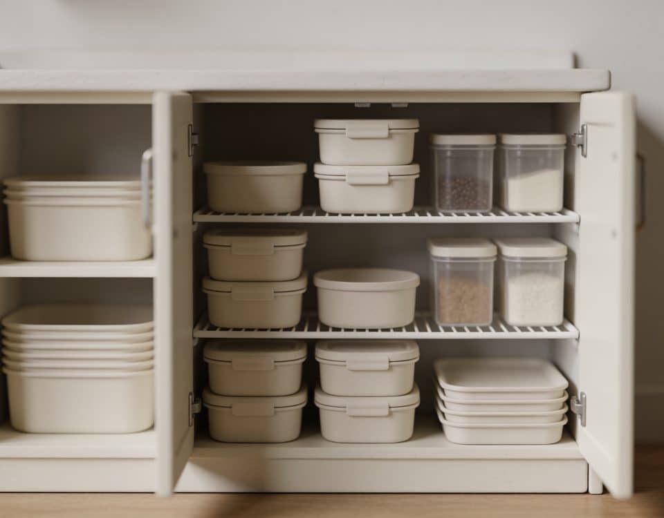 Petite cuisine avec placards ouverts, etageres organisees, contenants empiles.