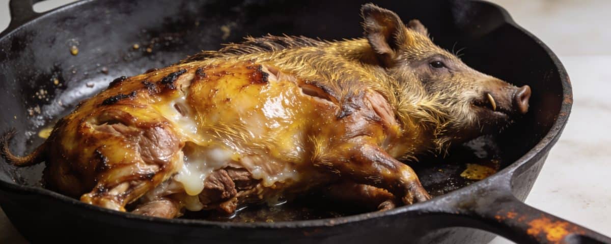 Sanglier rôti dorant dans cocotte fonte chaude.