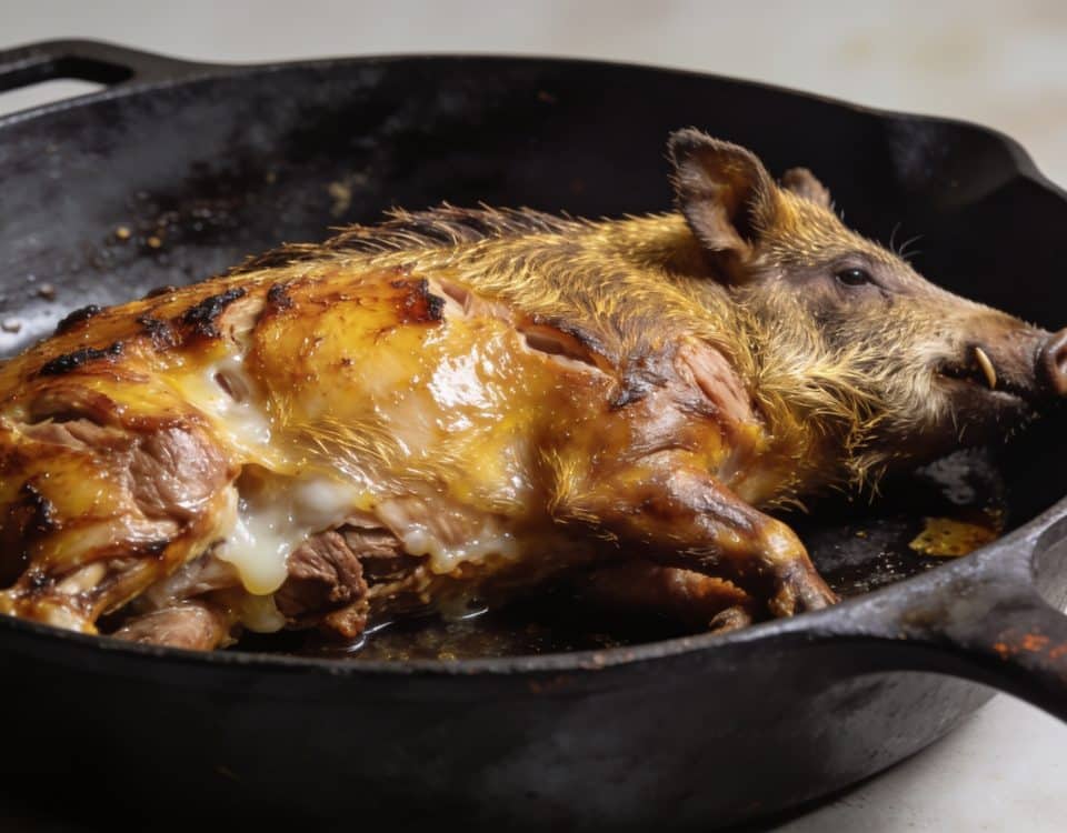 Sanglier rôti dorant dans cocotte fonte chaude.