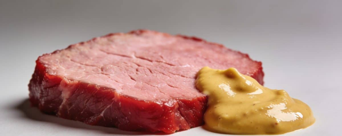 Tranche de viande rouge saignante avec sauce moutarde jaune