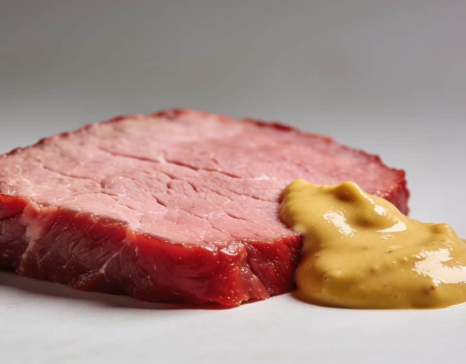 Tranche de viande rouge saignante avec sauce moutarde jaune