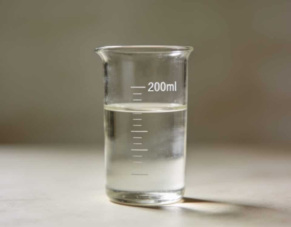 Verre mesureur transparent affichant deux cents millilitres liquide.