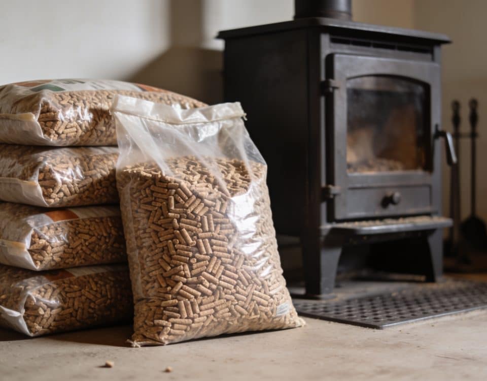 Sacs de granules de bois empiles pres d'un poele